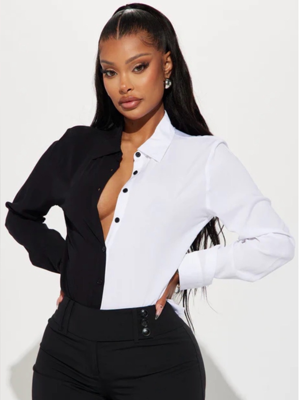 Fashion Nova Black & White Contrast Button-Down Shirt - Picture 1 of 1